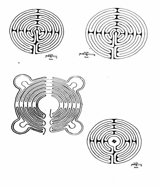 Diagrams of Wing, Julian's Bower, Saffron Walden and Hilton turf mazes