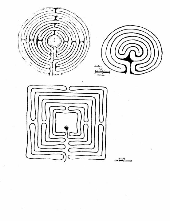 Diagrams of Breamore, Walls of Troy and St Catherine's Hill turf mazes