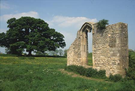 The surviving section of the manor house hall wall with its tall arched window, standing alone in a field